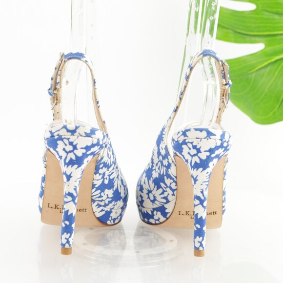 LK Bennett Women Clemmie Pump Size 38.5 8.5 Blue White Floral Slingback Platform - Picture 5 of 16
